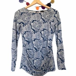 Talbots Navy Blue Paisley Long Sleeve Tailored Top